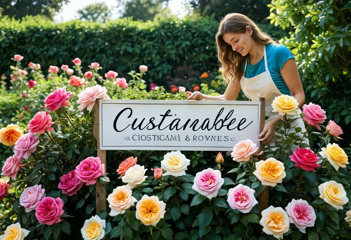 A lush garden filled with vibrant heritage roses in various shades, surrounded by lush greenery. Include a gardener applying organic techniques like composting and natural pest control, showcasing tools made from natural materials. Soft sunlight filters through the leaves, creating a warm glow on the flowers. Display a small sign indicating 'Sustainable Practices' in whimsical font. botanical illustration, vibrant colors, nature-inspired.
