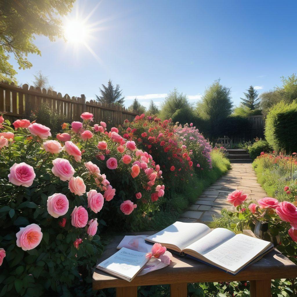 A serene garden filled with a variety of heritage roses in full bloom, showcasing their unique colors and intricate petal textures. A gardener lovingly tends to the roses, surrounded by gardening tools and a notebook filled with notes on heirloom varieties. Soft sunlight illuminates the scene, casting gentle shadows and enhancing the vibrant hues of the roses. The background features a rustic wooden fence and a clear blue sky. vibrant colors. super-realistic. natural light.