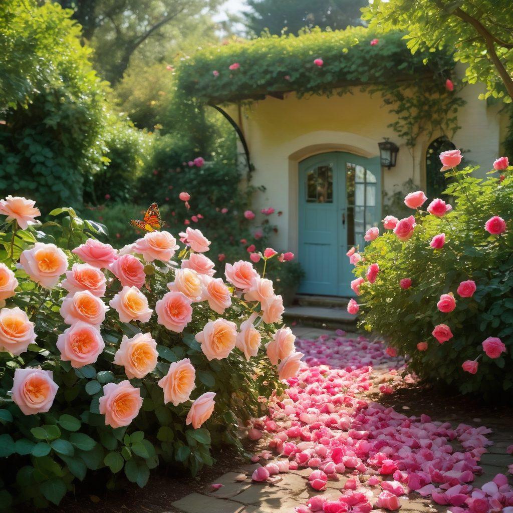 A vibrant garden filled with various unique rose breeds in full bloom, showcasing an array of colors and petal shapes. A gardener tending to the roses with care, tools in hand, surrounded by lush greenery and soft sunlight filtering through. Delicate butterflies fluttering around, adding a whimsical touch. Close-up details of rose petals and leaves to emphasize the artistry of rose gardening. painterly style. vibrant colors. natural lighting.